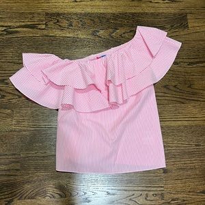Lilly Pulitzer Pink Seersucker One Shoulder Ruffle Blouse